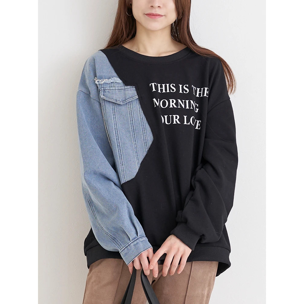 デニム切り替えロゴプルオーバー