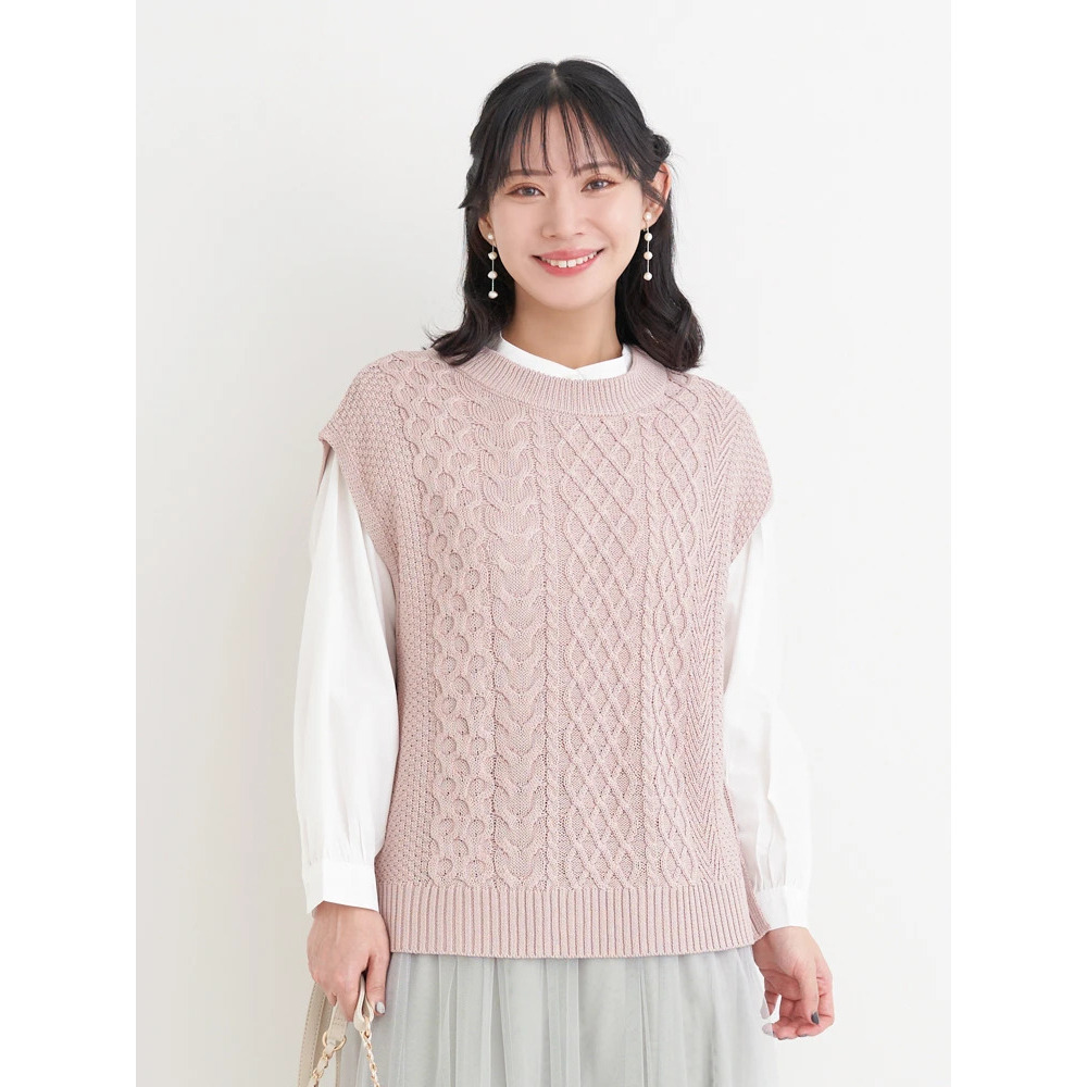 [SET]ケーブルニットベスト×バンドカラーシャツ