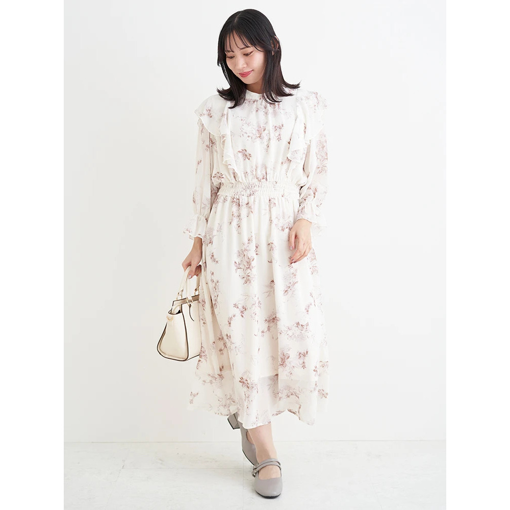 シアー花柄肩フリルワンピース