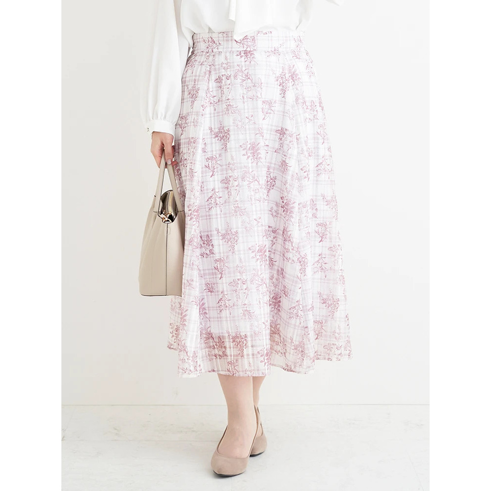 シャドーチェック花柄プリントスカート1