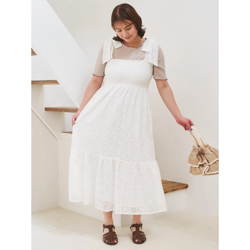 総レースショルダーリボンワンピース