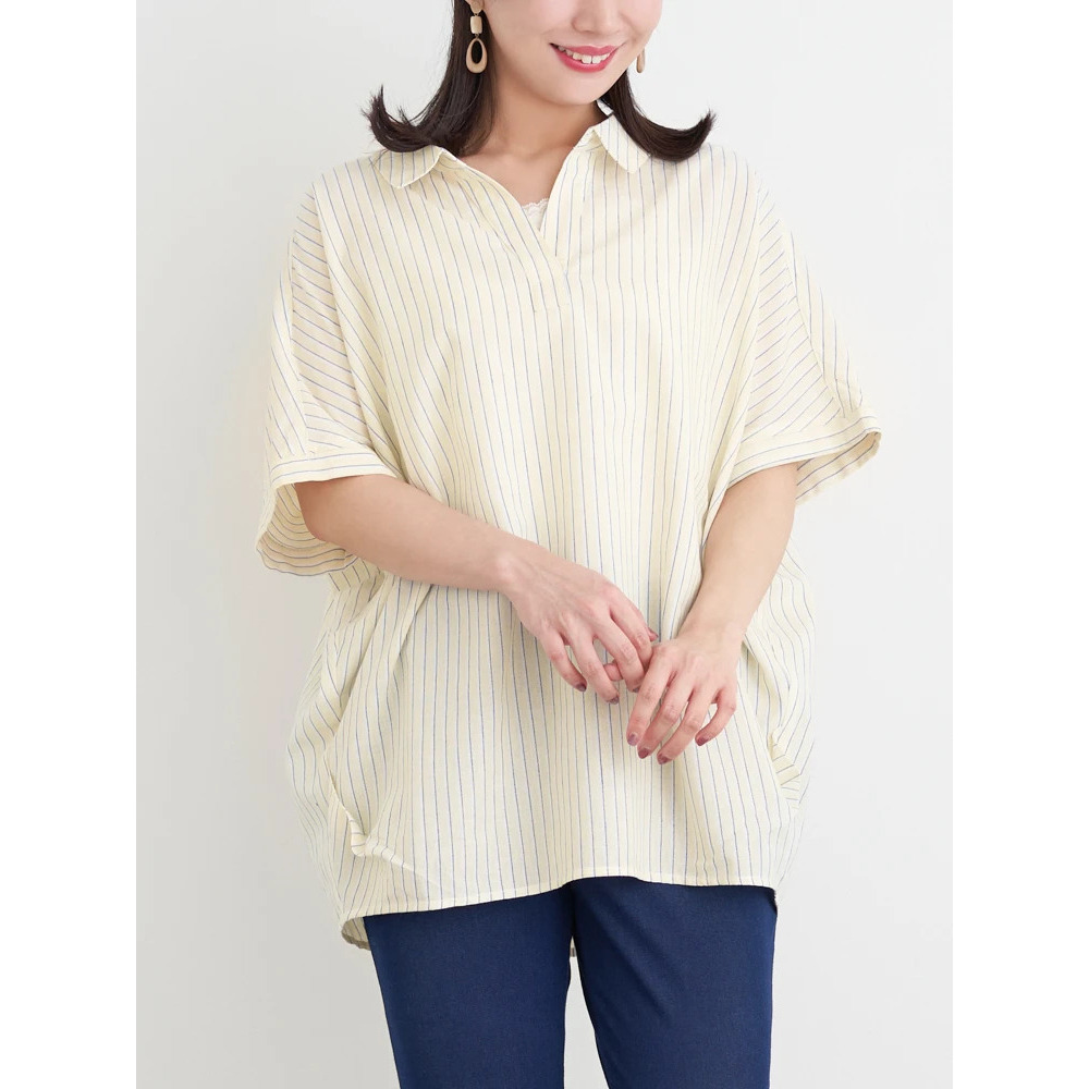 【涼風リネン】スキッパーネックブラウス1