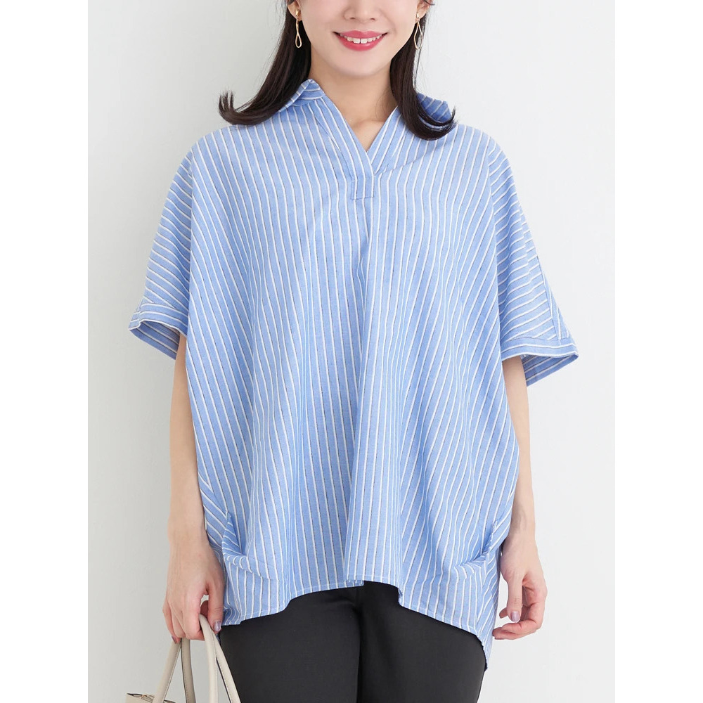 【涼風リネン】スキッパーネックブラウス13