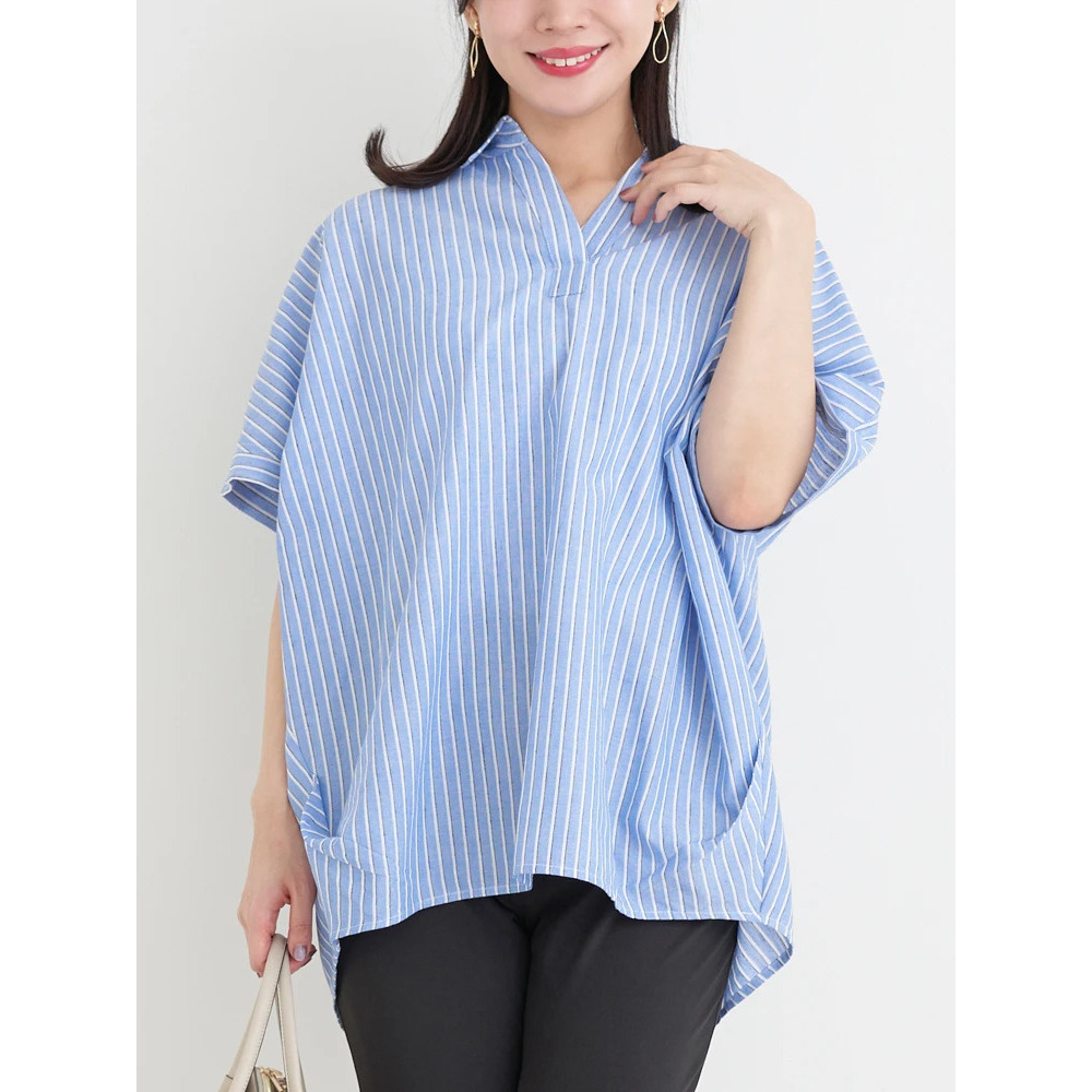 【涼風リネン】スキッパーネックブラウス14