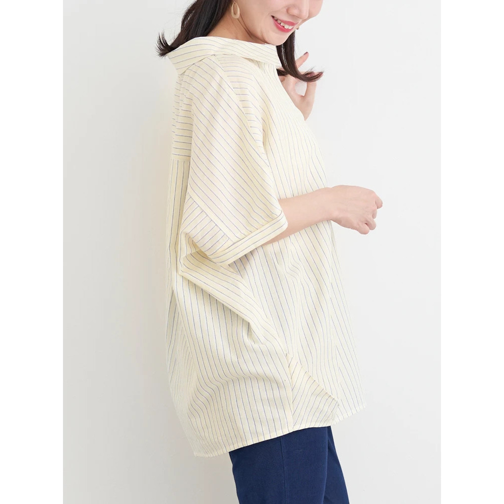 【涼風リネン】スキッパーネックブラウス3