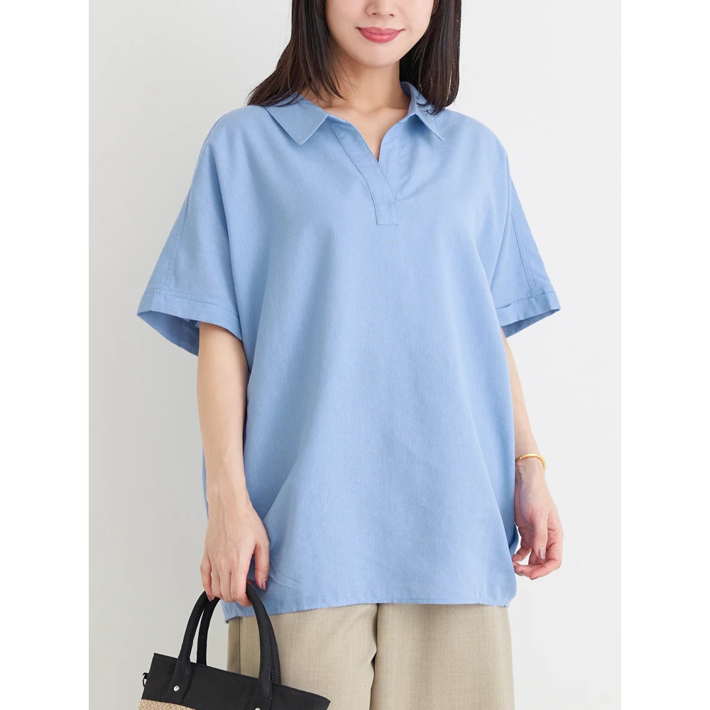 【涼風リネン】スキッパーネックブラウス1