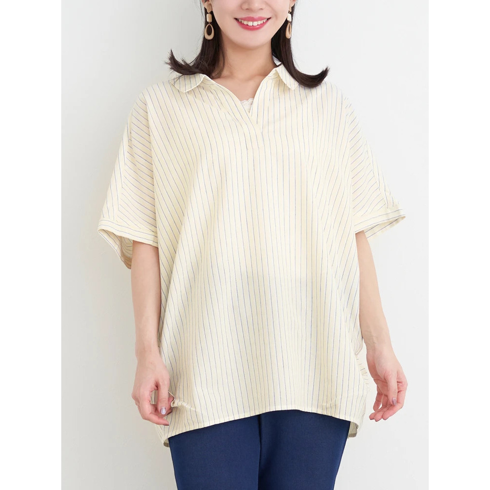 【涼風リネン】スキッパーネックブラウス1