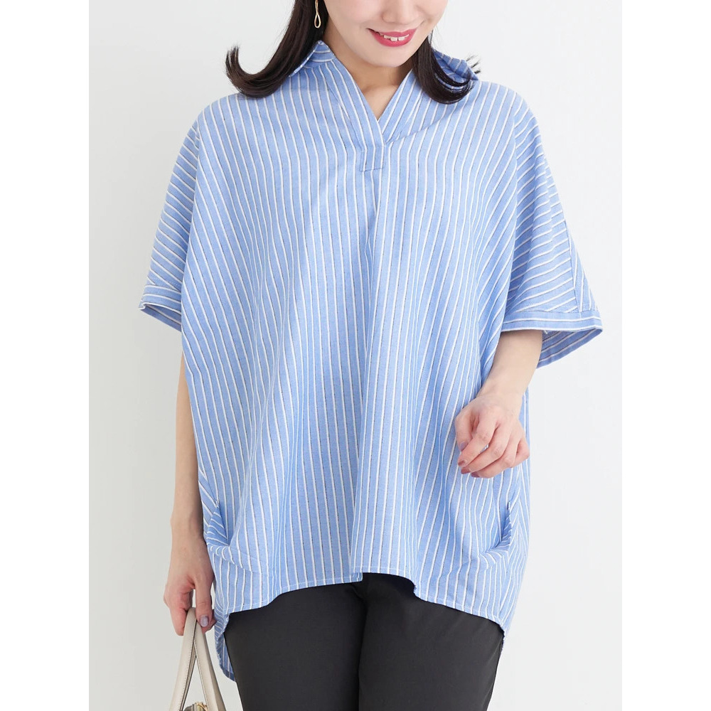 【涼風リネン】スキッパーネックブラウス1