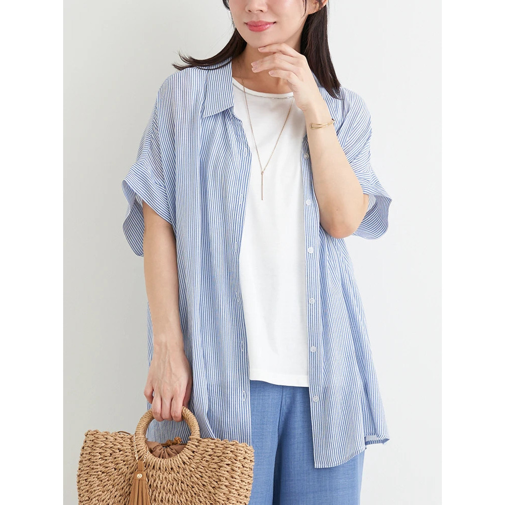 [SET]レーヨン混シアーストライプシャツ×ビジュータンクトップ