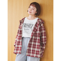 フード付きチェックシャツ