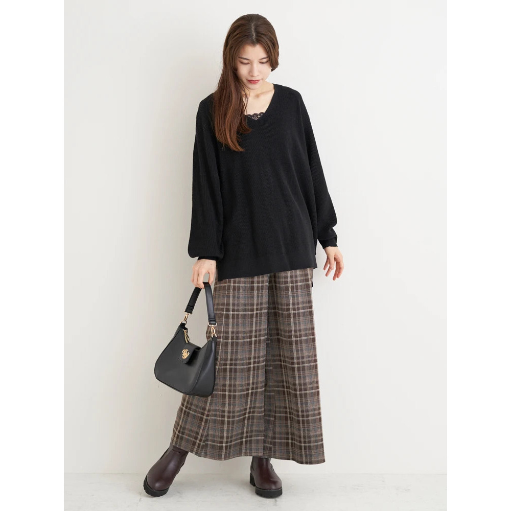 カットイージーワイドパンツ(チェック柄・ヘリンボーン)30