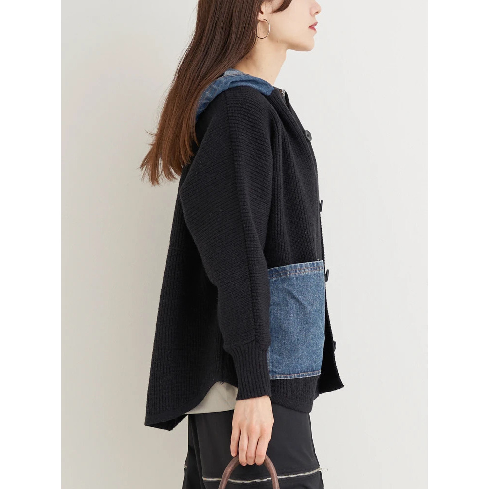 デニム切り替えフード付きニットカーディガン10
