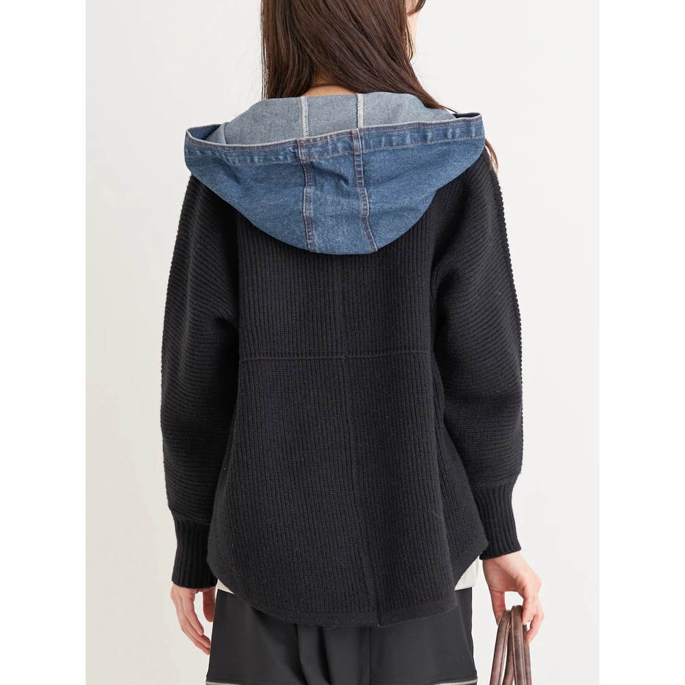 デニム切り替えフード付きニットカーディガン11