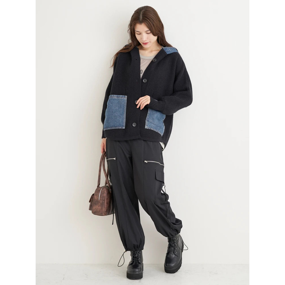 デニム切り替えフード付きニットカーディガン12