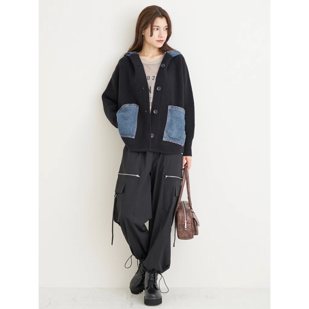 デニム切り替えフード付きニットカーディガン13