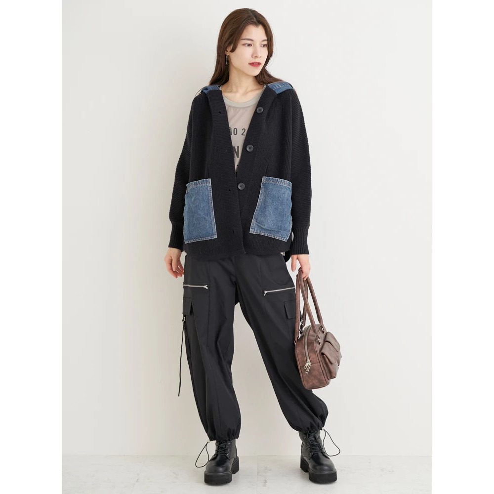 デニム切り替えフード付きニットカーディガン14