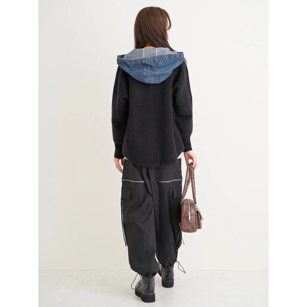 デニム切り替えフード付きニットカーディガン16