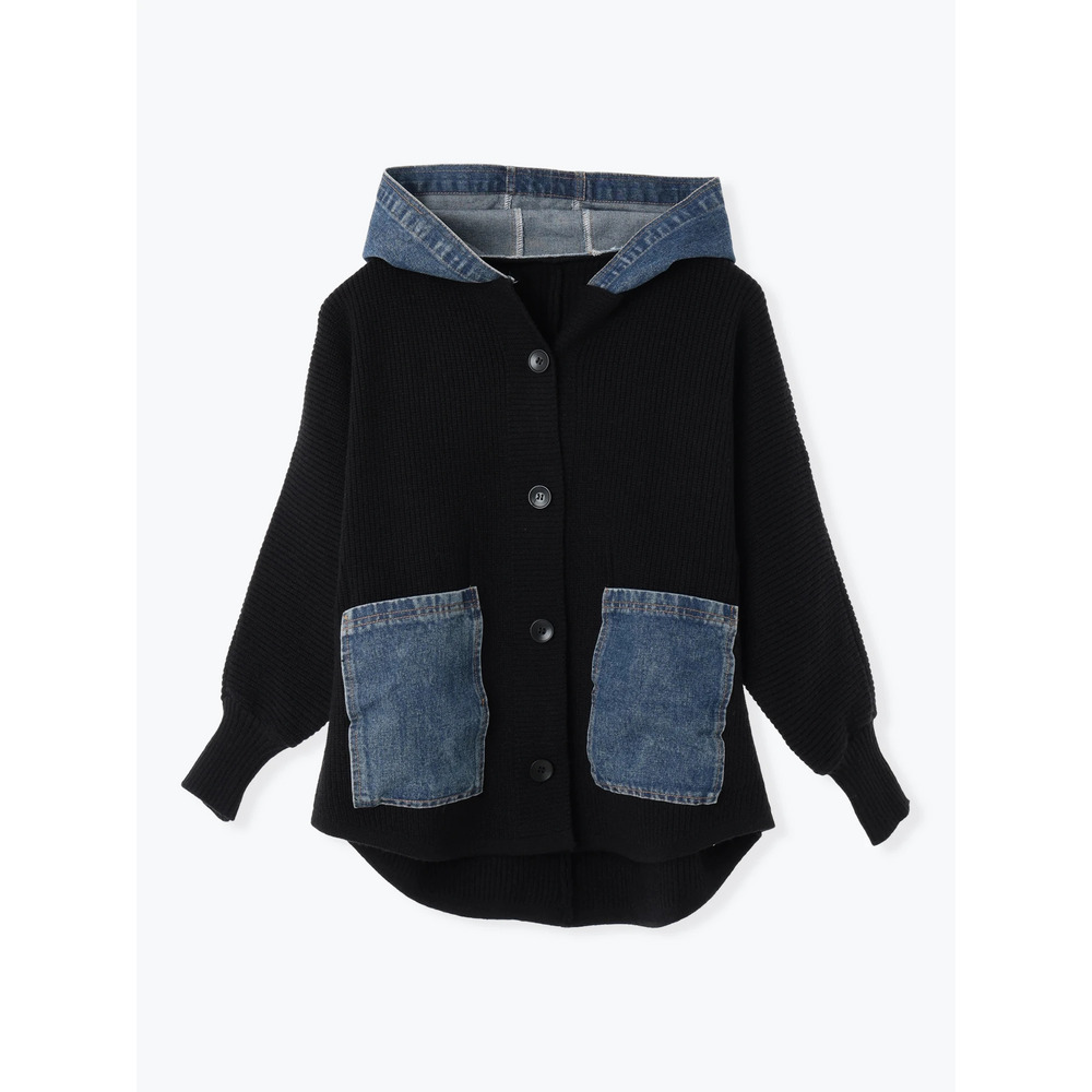 デニム切り替えフード付きニットカーディガン17