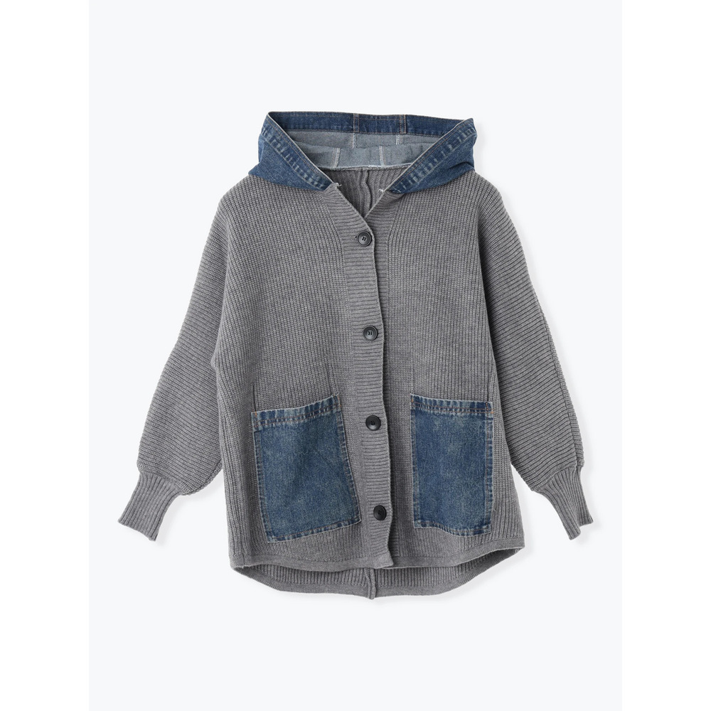 デニム切り替えフード付きニットカーディガン18