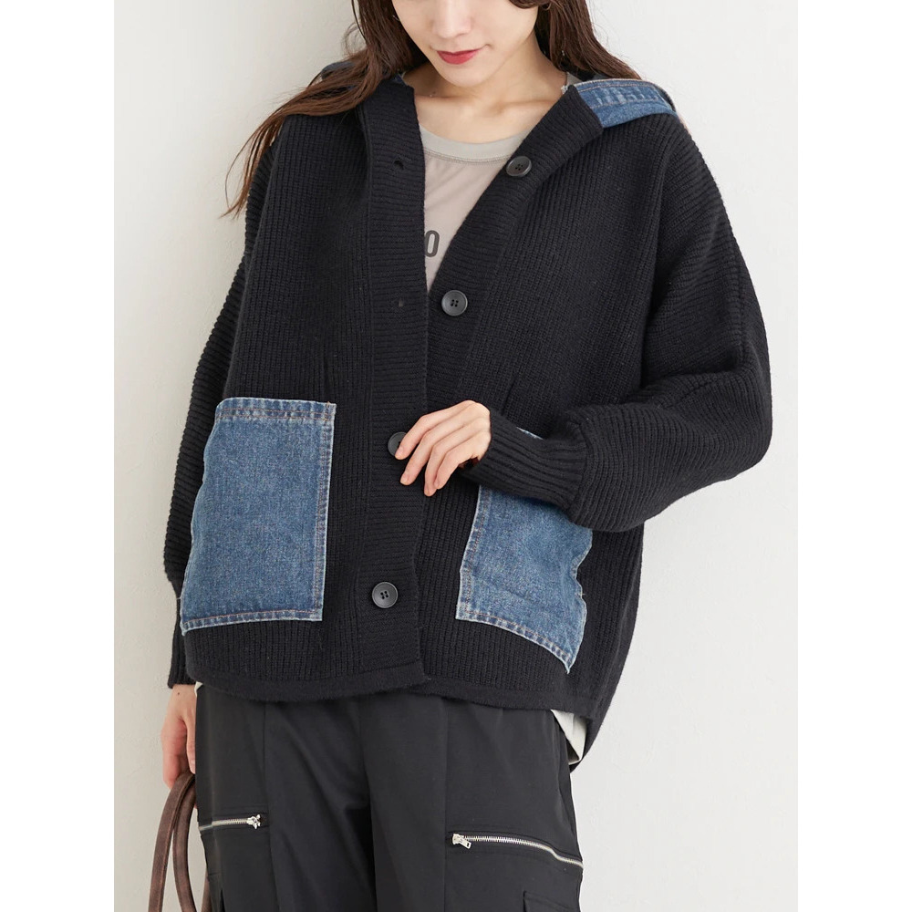 デニム切り替えフード付きニットカーディガン8