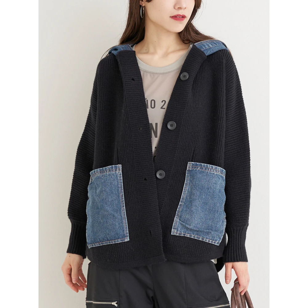 デニム切り替えフード付きニットカーディガン9