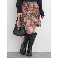 ベルト付きゴブラン花柄ミニスカート