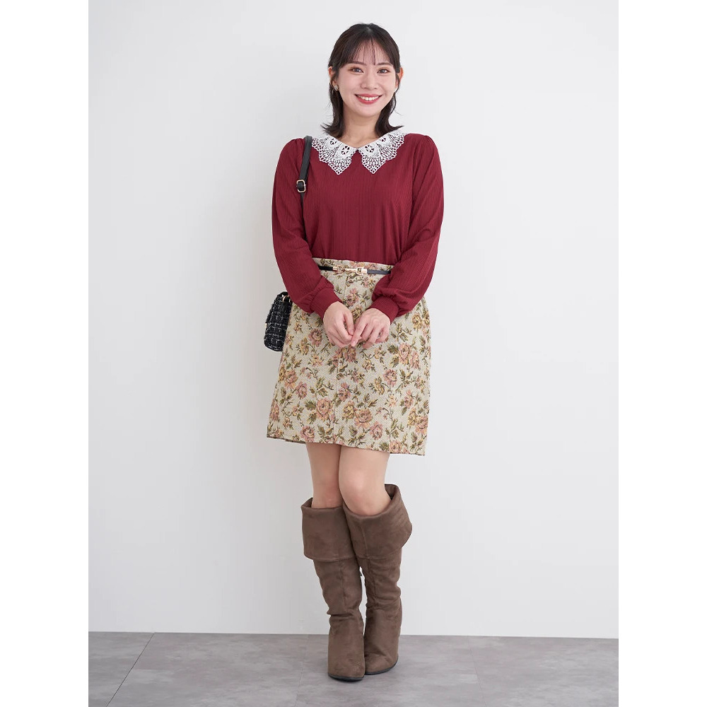 ベルト付きゴブラン花柄ミニスカート14