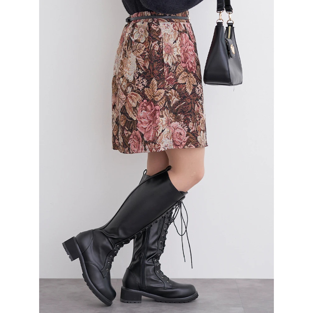 ベルト付きゴブラン花柄ミニスカート3