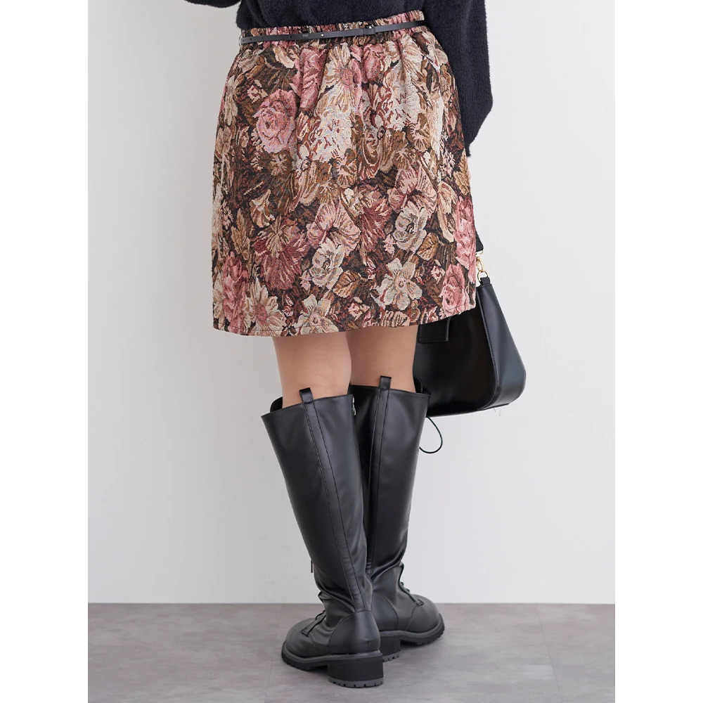 ベルト付きゴブラン花柄ミニスカート4
