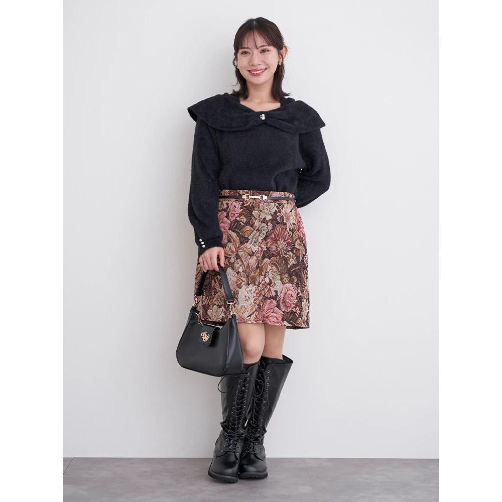 ベルト付きゴブラン花柄ミニスカート6