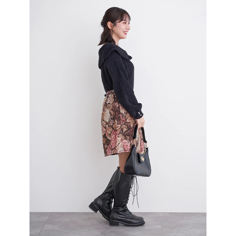 ベルト付きゴブラン花柄ミニスカート8