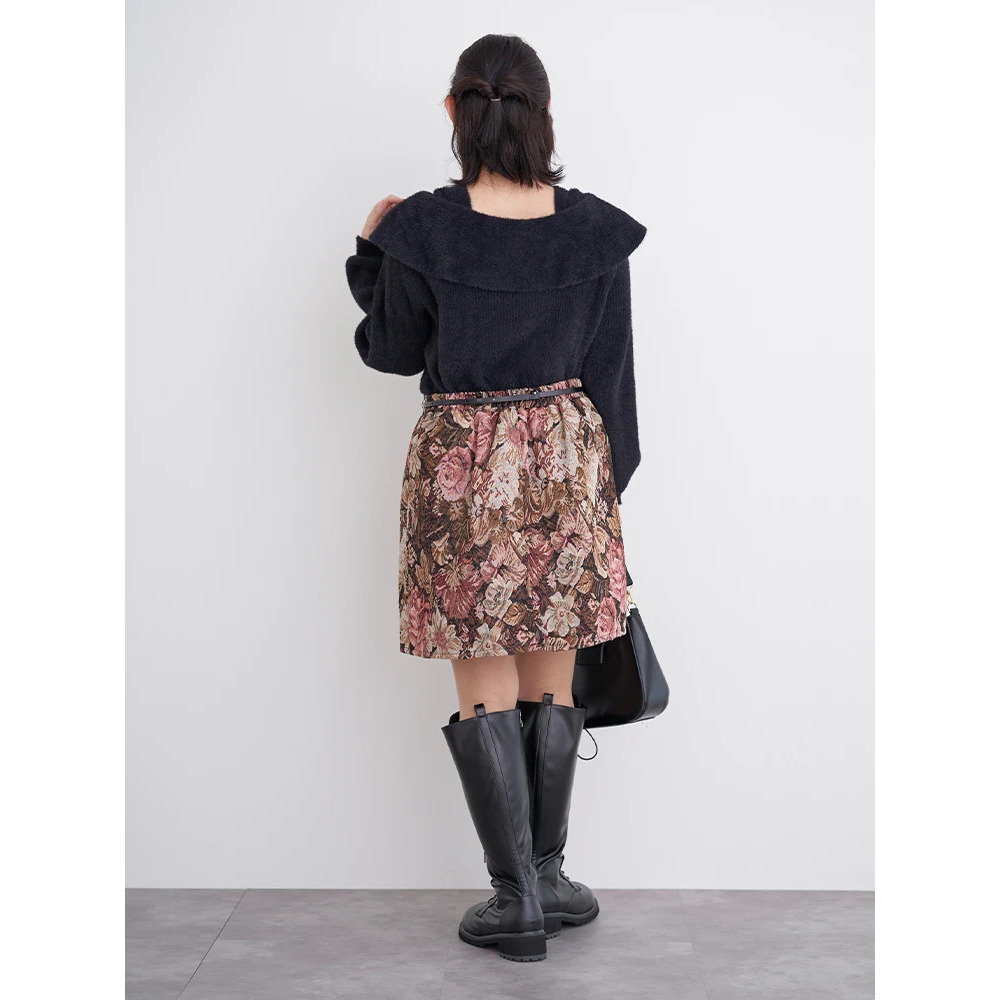 ベルト付きゴブラン花柄ミニスカート9