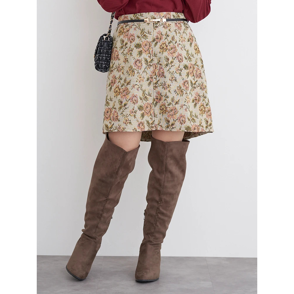 ベルト付きゴブラン花柄ミニスカート1