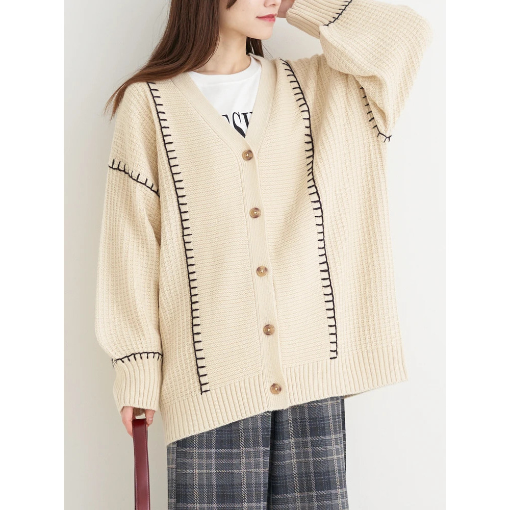配色ステッチVネックカーディガン22
