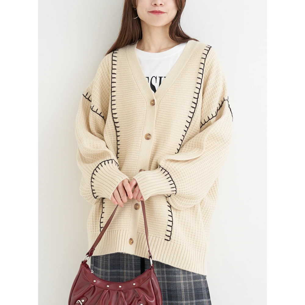 配色ステッチVネックカーディガン23