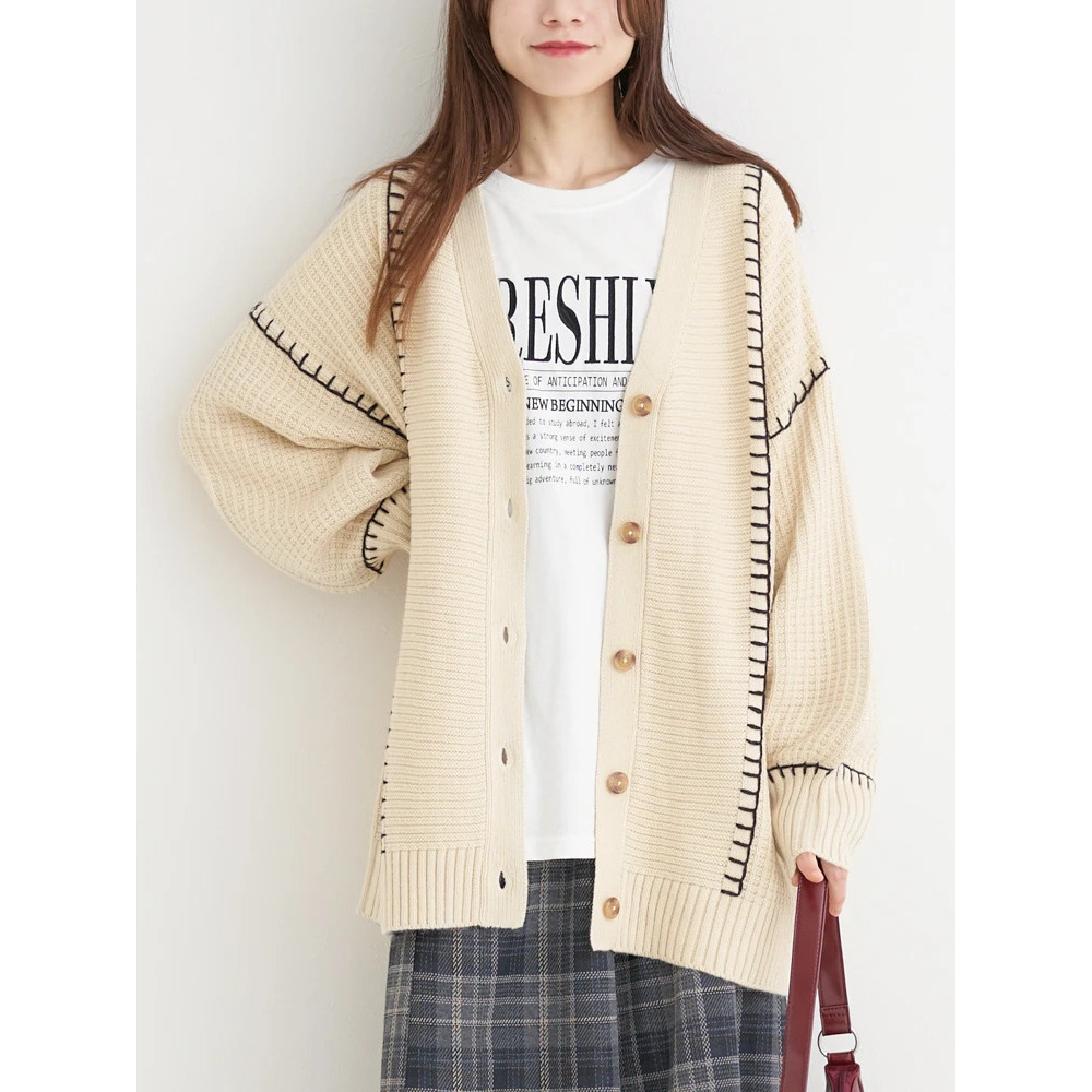 配色ステッチVネックカーディガン24