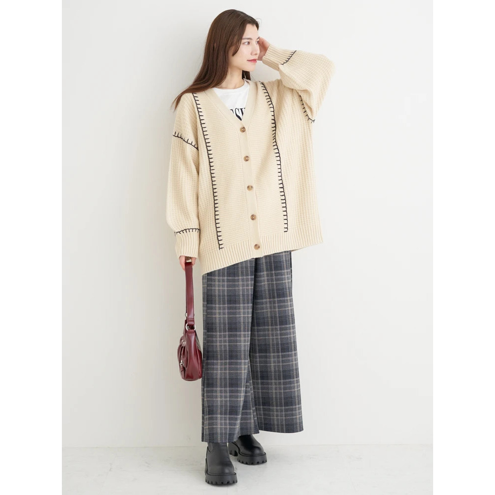 配色ステッチVネックカーディガン25