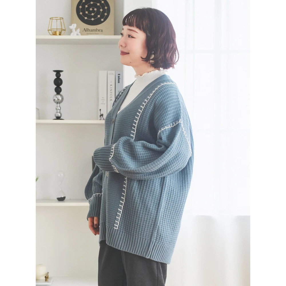 配色ステッチVネックカーディガン3