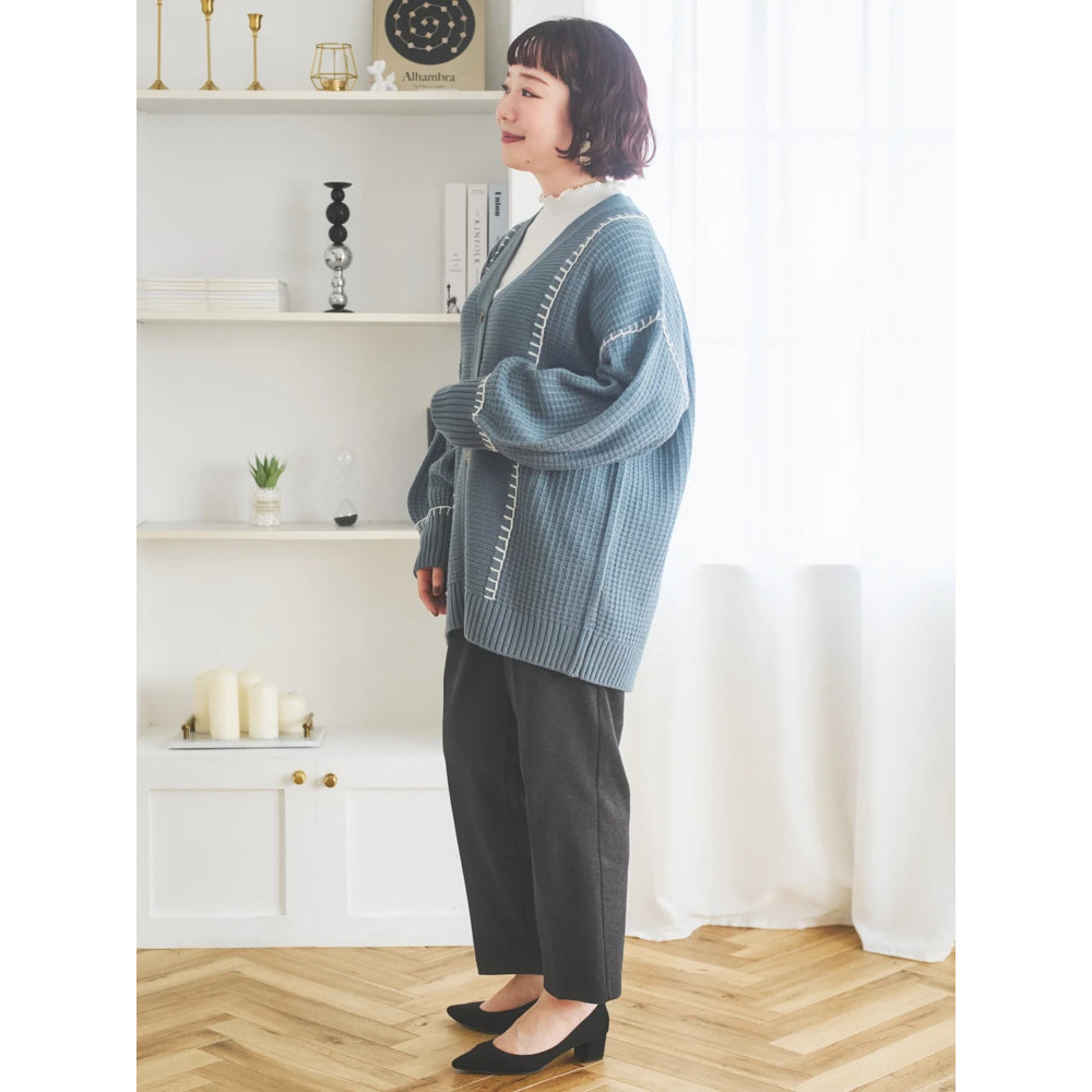 配色ステッチVネックカーディガン8