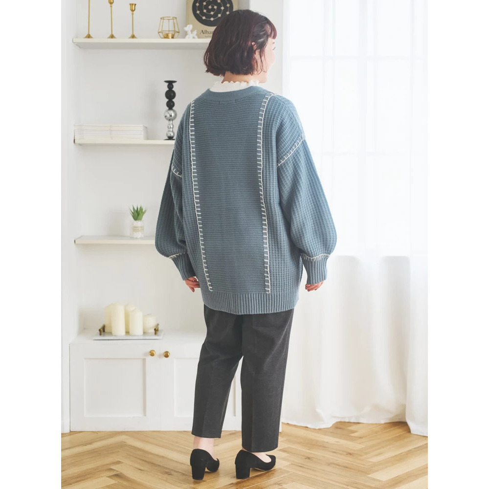 配色ステッチVネックカーディガン9