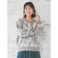 ラメ入り花柄ジャガードニットトップス