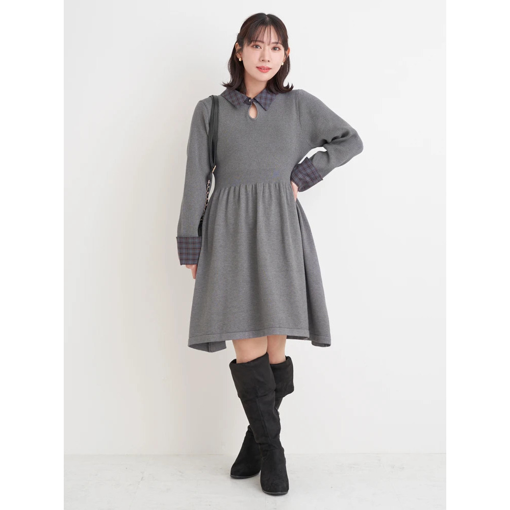 【WEB限定】チェック襟ニットワンピース1