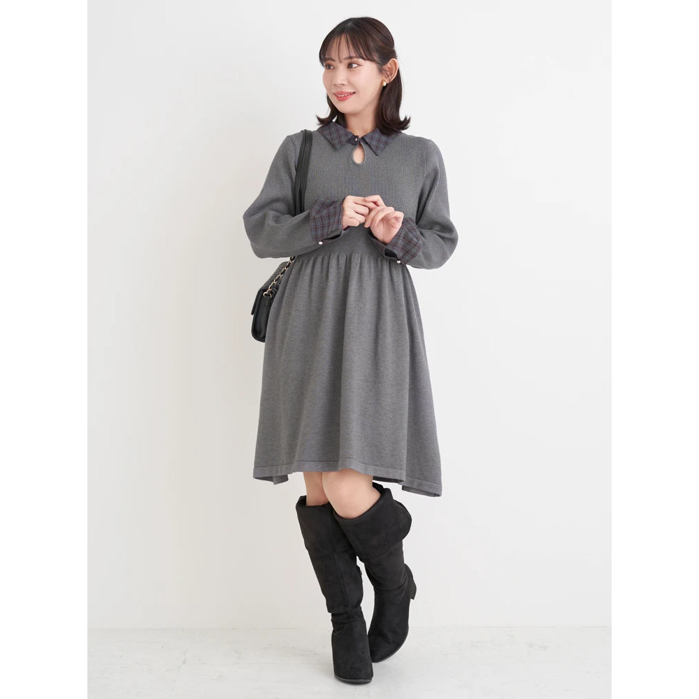 【WEB限定】チェック襟ニットワンピース2