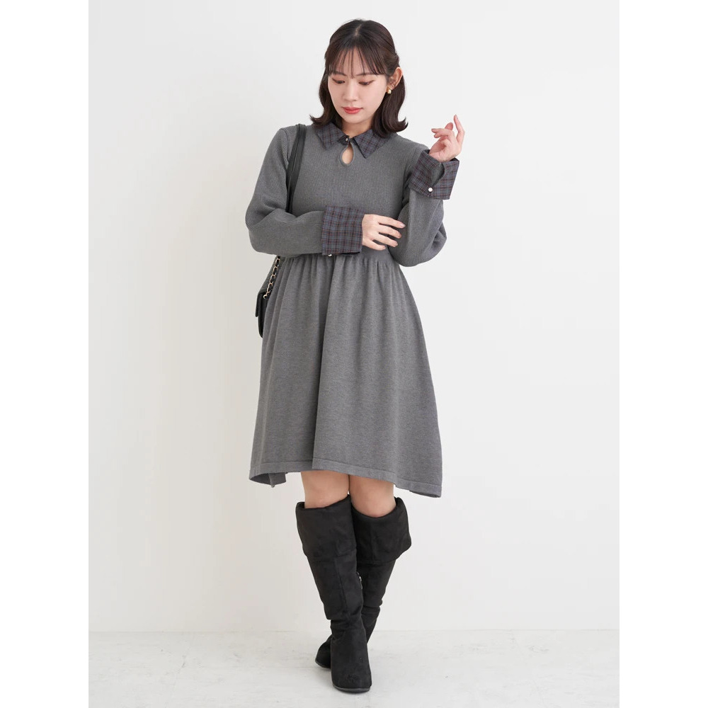 【WEB限定】チェック襟ニットワンピース1