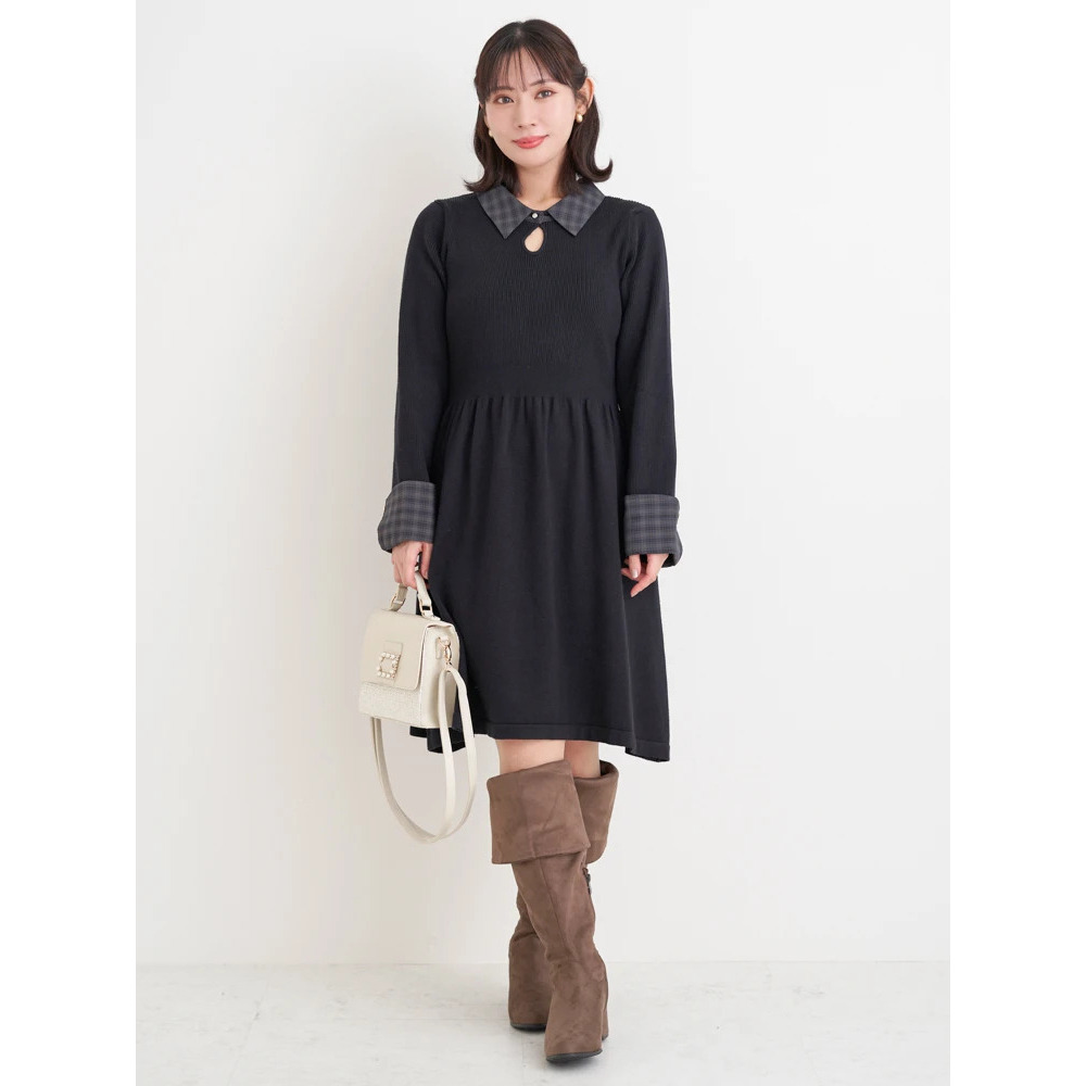 【WEB限定】チェック襟ニットワンピース1
