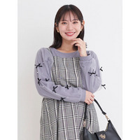 袖リボン×パールリブトップス