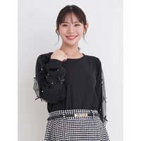 袖リボン×パールリブトップス