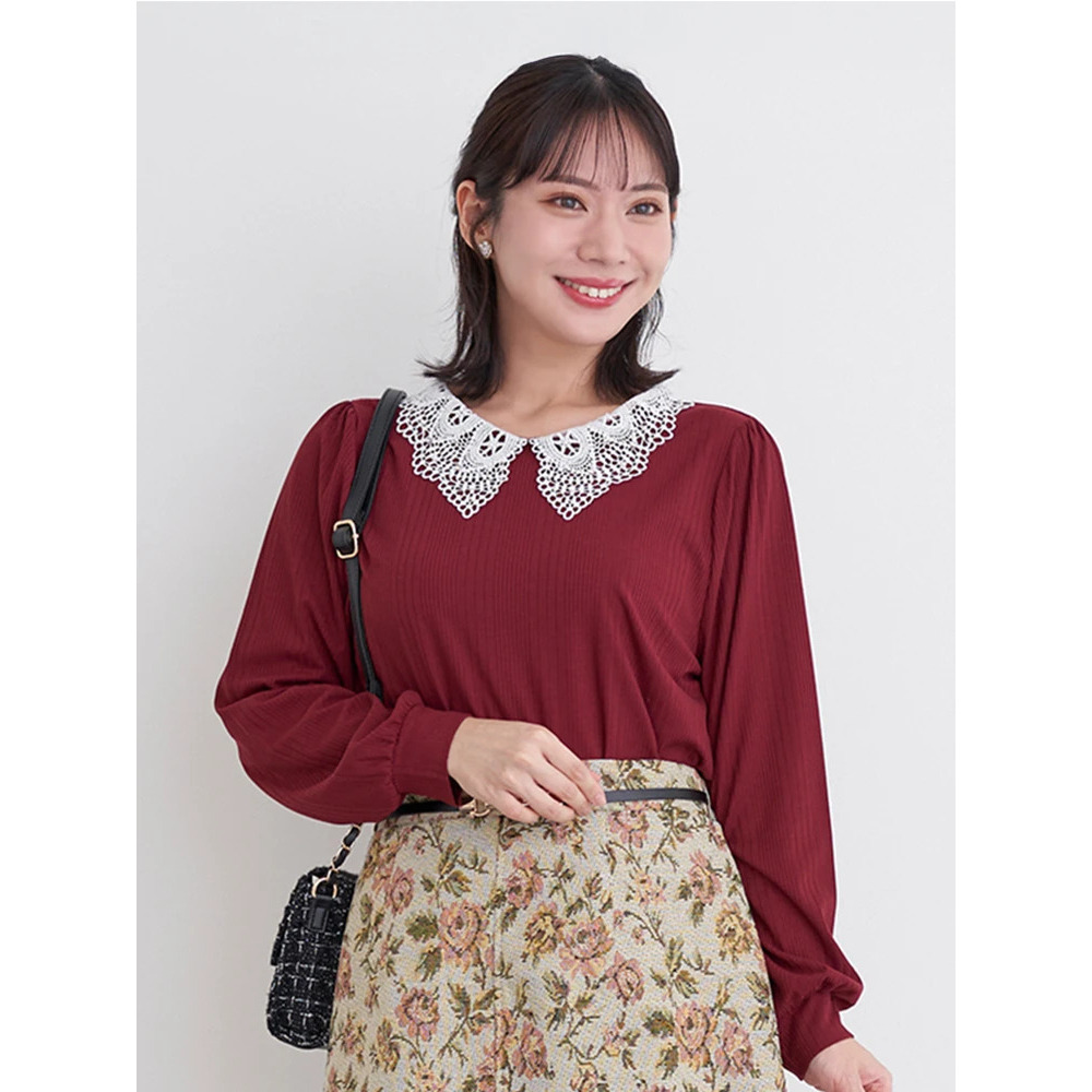 ビジューレース襟リブトップス1