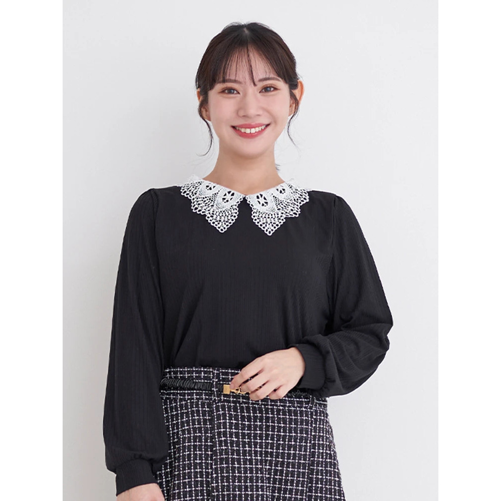 ビジューレース襟リブトップス1