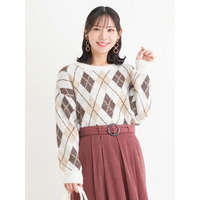 ラメ入りアーガイル柄フェザーニットトップス